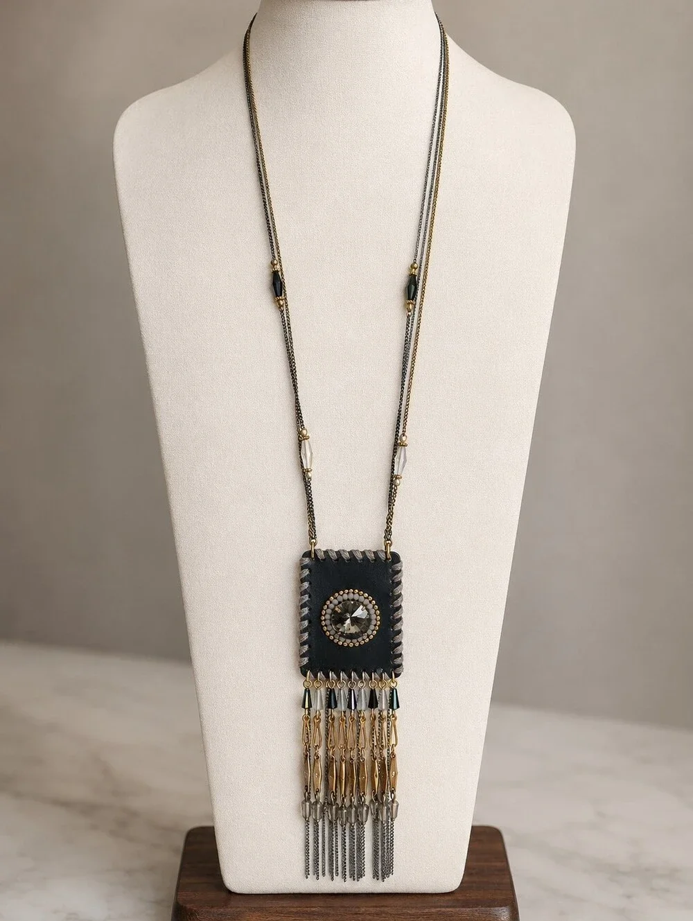 ALISHA D LONG LEATHER TASSEL PENDANT STATEMENT NECKLACE BOHO FESTIVAL WESTERN